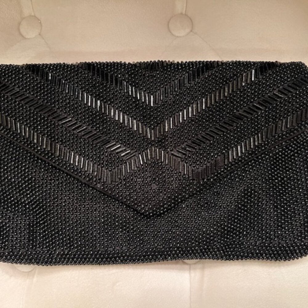 Vintage 80's Beaded Chevron Design Black Evening Clutch Purse w Shoulder Strap